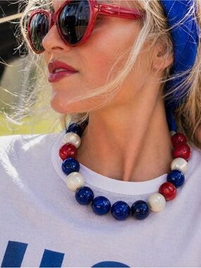 Bold Red, White & Blue Beaded Statement Necklace - 4th of July, Independence